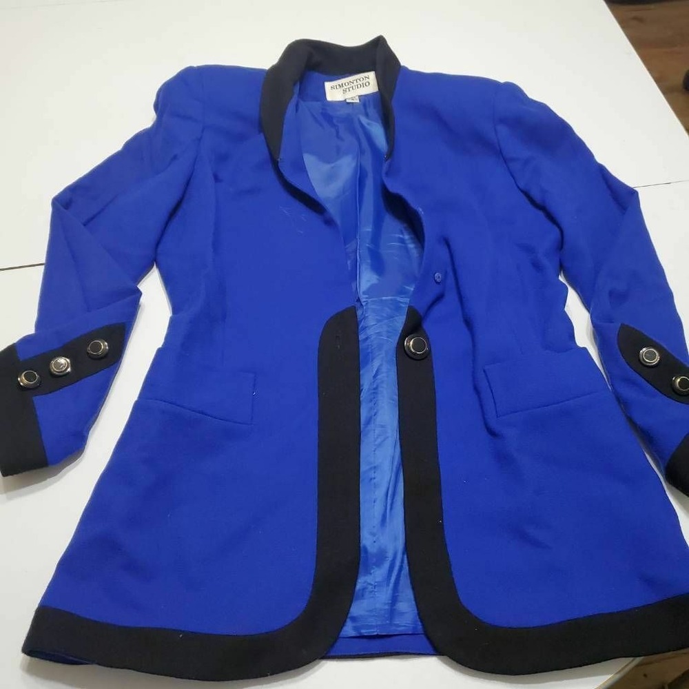 Simonton Studio Womens Suit Jacket Blazer Blue 100% Wool Pockets Hip Length 4